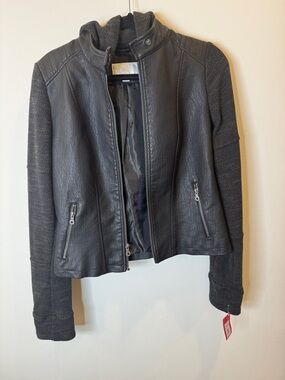 Xhilaration Black Faux Leather Moto Jacket with Textured Knit Sleeves